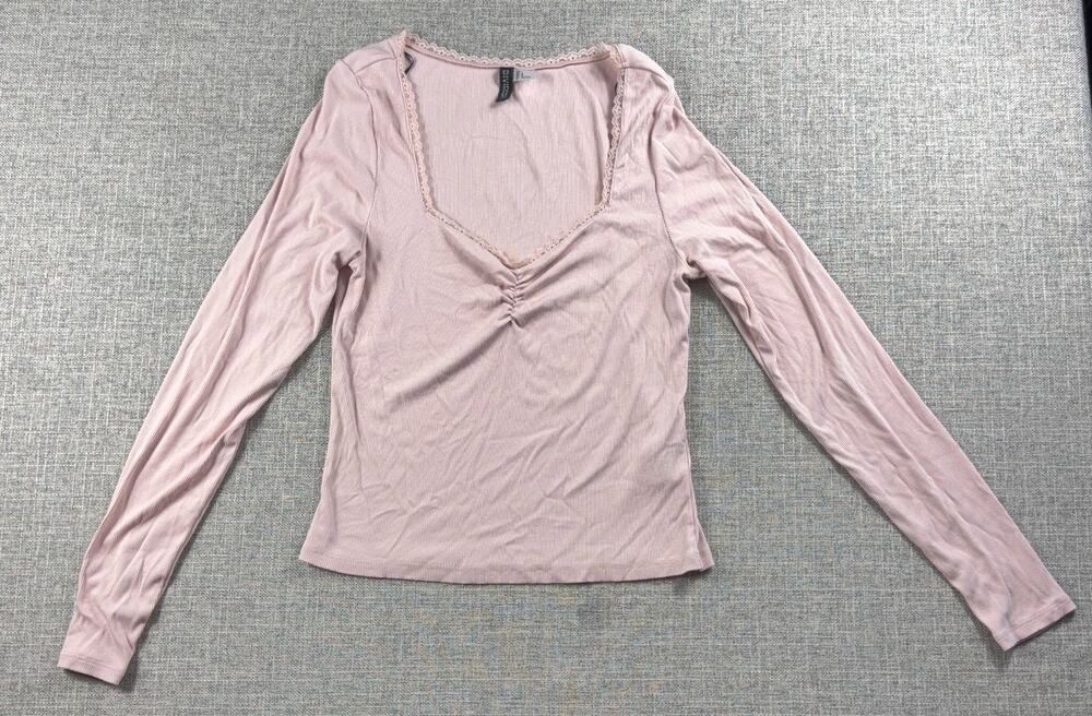 H&M Divided Womens Large Pink Ribbed Square Neck Lace Ruched Long Sleeve Top